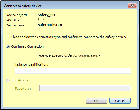 Dialog 'Connect to safety device' in the variant: Entry of an identification
